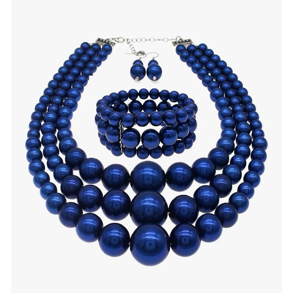 3 Layer Simulated Pearl Statement 18" Necklace Bracelet and Earrings